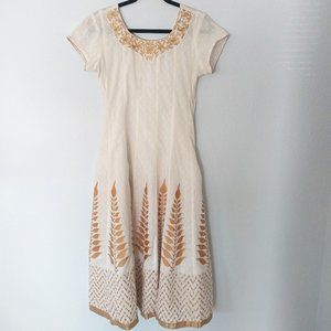 Trishaa Vintage Off White with Ornate Gold Embroidery Indian Ethnic Midi Dress